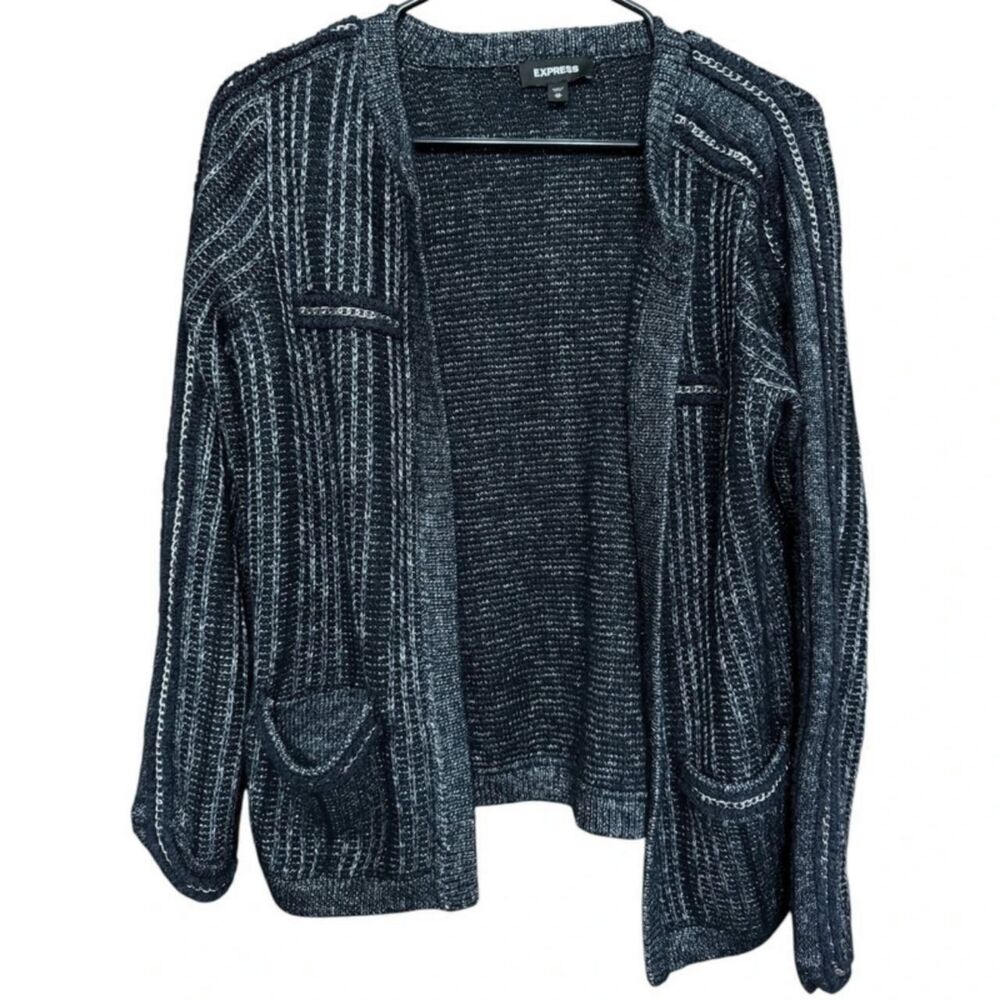Express Navy Blue Metallic Striped Chain Trim Sweater Jacket - Size Extra Small